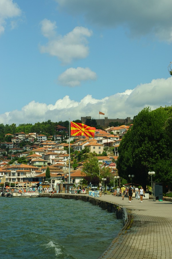 Ohrid lakefront promenade beneath Samuel's Fortress, North Macedonia